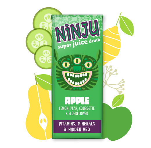 Ninju Apple Super Juice Render with fruit surrounding it 