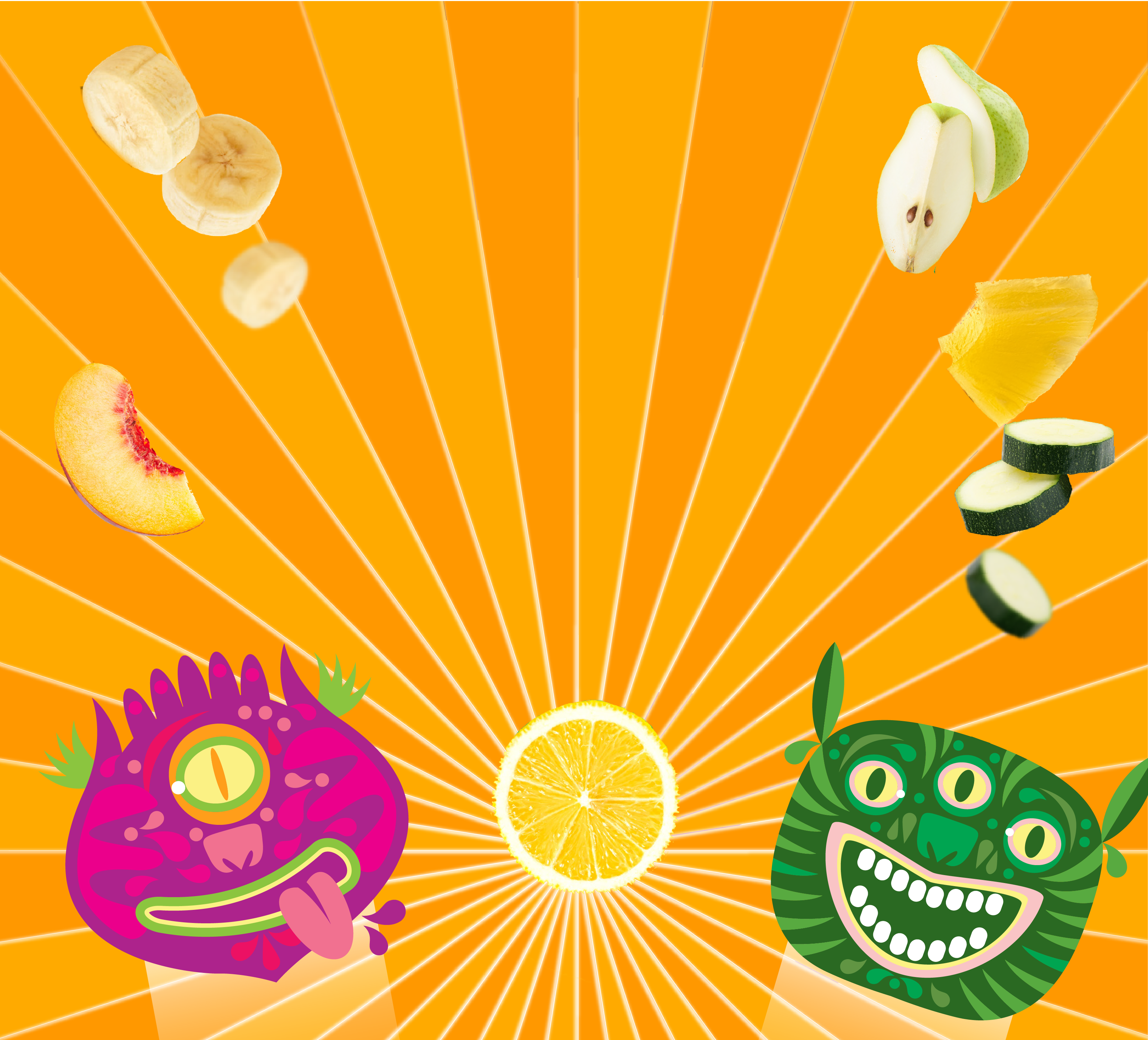 About Ninju products header desktop. Banner includes two Ninju monsters and flying fruit & vegetables.