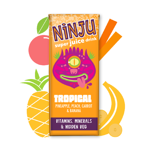 Ninju Tropical Super Juice with fruit surrounding it. 